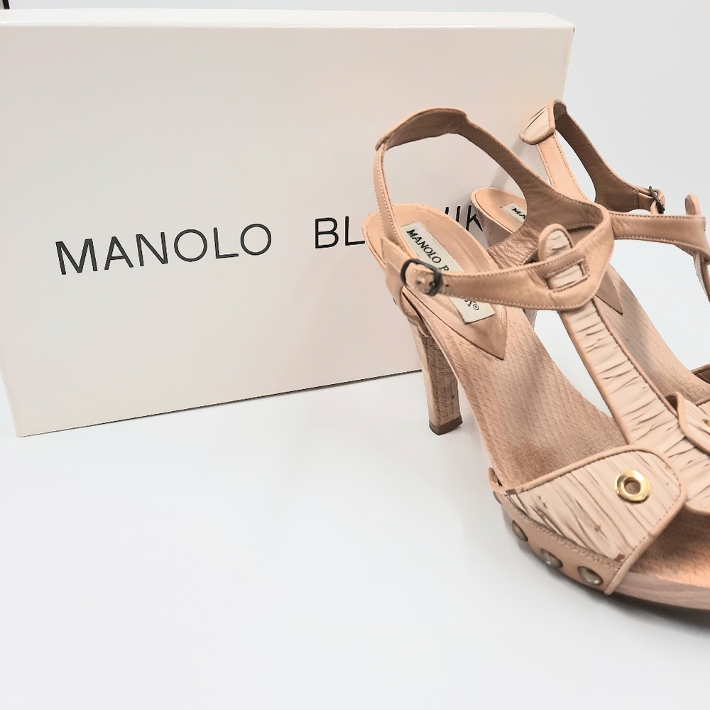 MANOLO BLAHNIK Y2K Wood Platform Sandal Heel Bohemian Coquette 70s Tan 37 EU - Picture 3 of 14